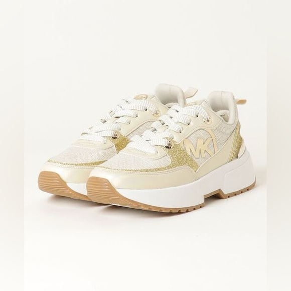 MICHEAL KORS Metallic Gold & White Neutral Chunky Logo Sneakers Platform Shoes - Picture 1 of 16